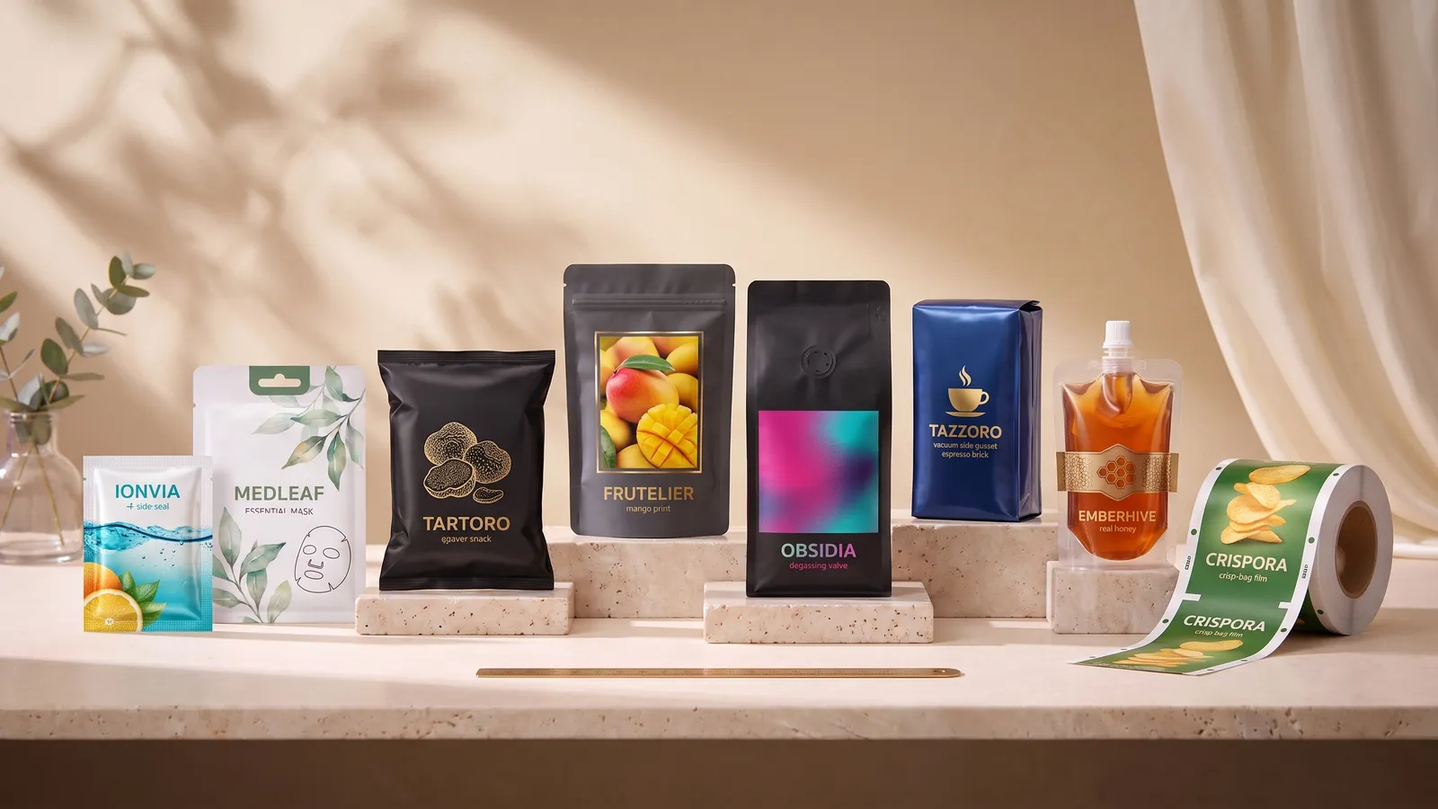 Seven printed pouches in different shapes standing in a row, with a printed roll of film at the end — one for each of the eight formats